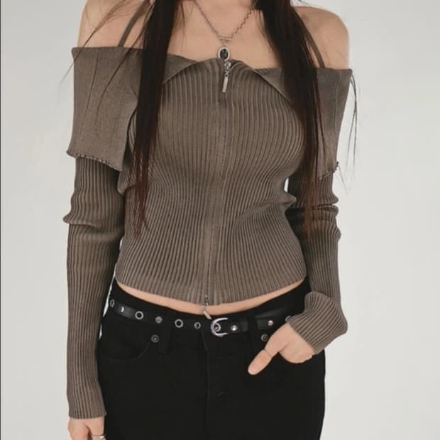 [시크원] 팩트 지퍼 홀터스트링 골지집업 오프숄더 니트