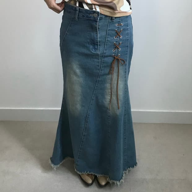 빈티지 레이스업 데님 맥시 스커트
