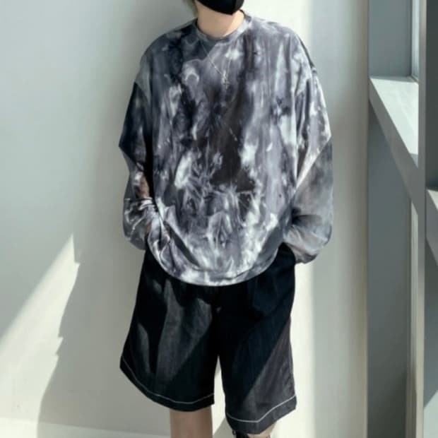 에이블리 타이다이 마블 나염 시스루 레이어드 긴팔 티셔츠 블랙