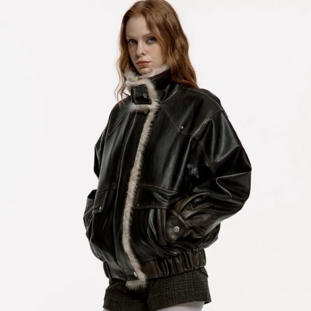 러프넥 워싱 레더 무스탕 자켓