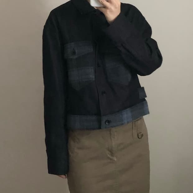 커스텀멜로우 체크 울 배색 트러커 생지 데님자켓