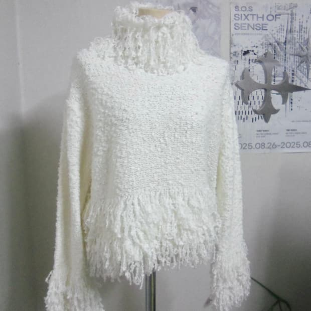 Textured White Fringe Knit Sweater  