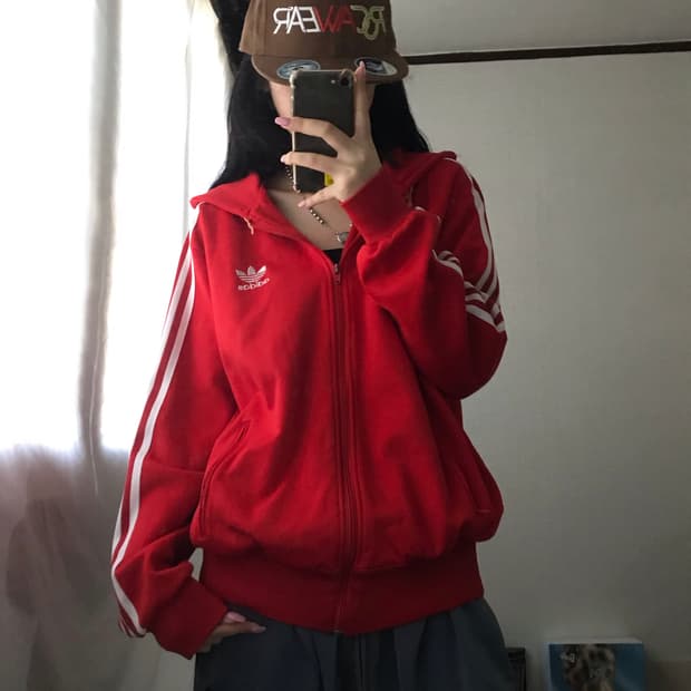 아디다스 레드 오버핏 후드 져지