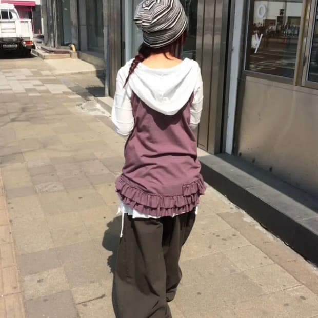 프릴 스트라이프 슬리브리스 원피스/단가라 프릴 유넥 후드티