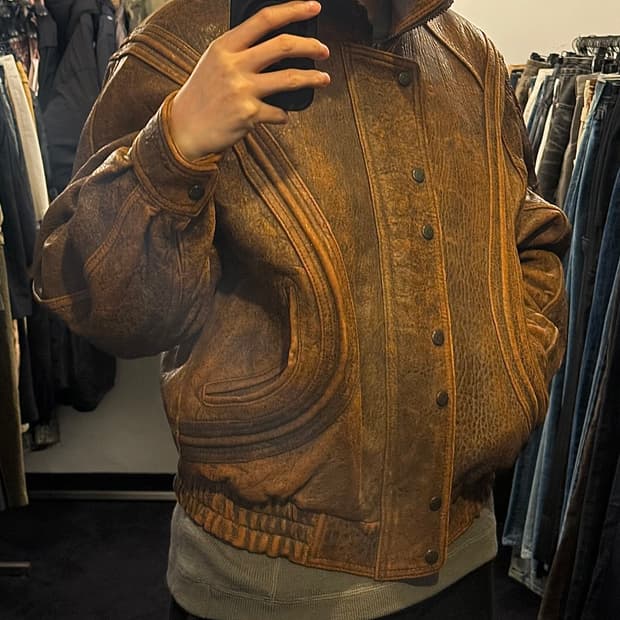 SK 레더 가죽 양가죽 카멜 브라운 빈티지 블루종 봄버 점퍼 하이넥 집업