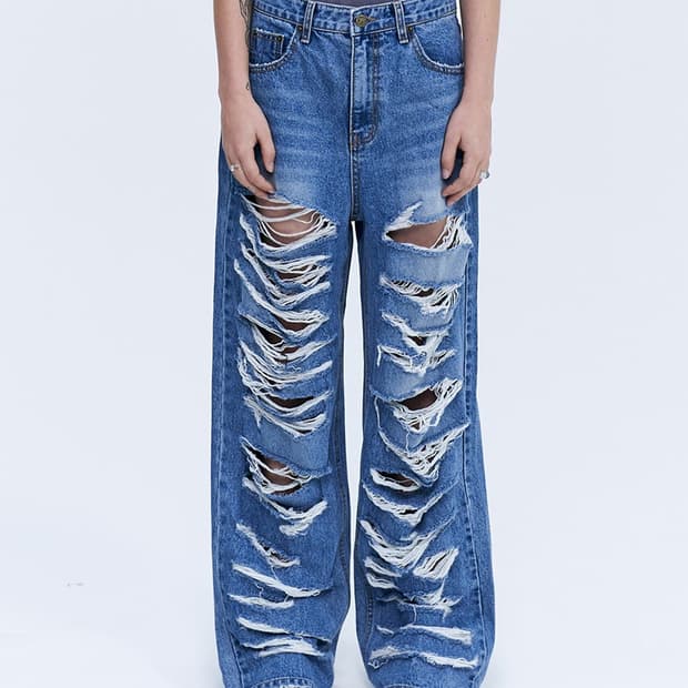 락케이크 Pia Damage Wide Jeans 데님 팬츠 청바지 M