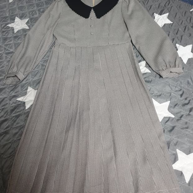 플라스틱아일랜드 카라 레이스 지도리체크 플리츠 롱 원피스 (S)