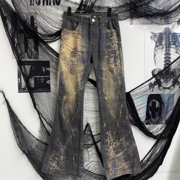00s leopard damage printing jeans