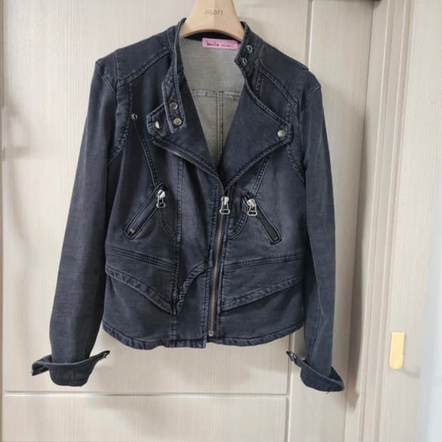 디젤스타일 멀티 지퍼 흑청 데님 빈티지 자켓 L