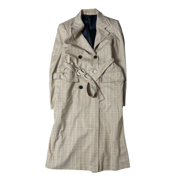 빈티지 옐로우 브라운 체크 패턴 더블 폴리 롱 코트