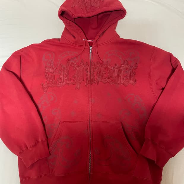 슈프림 레더 아플리케 집업 후드 스웨트셔츠 번트 레드 - 25SS