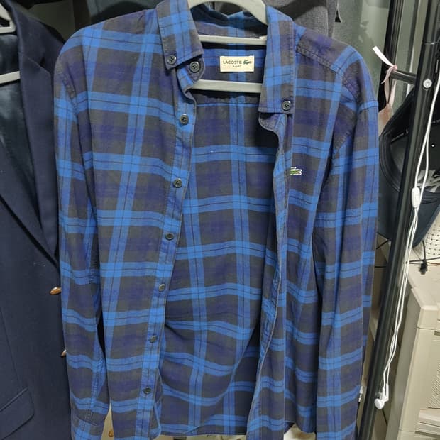 라코스테 슬림핏 블루 체크 긴팔 셔츠 M