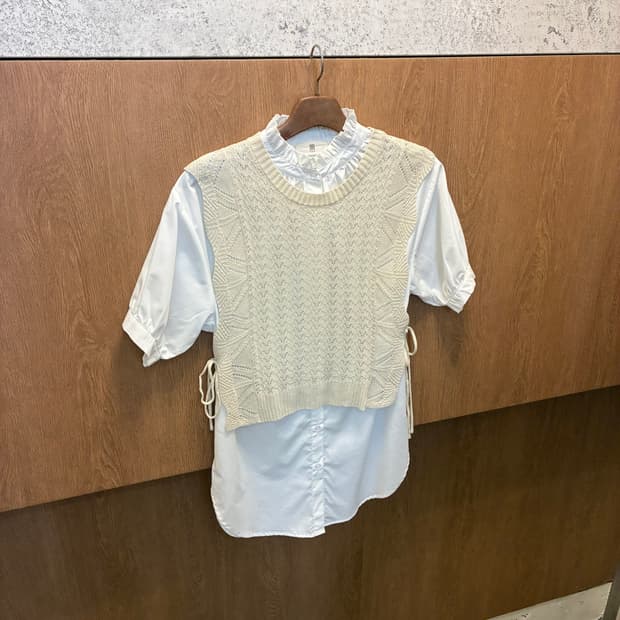 빈티지 반팔 블라우스 프릴넥 니트 레이어드 디테일 화이트 k496