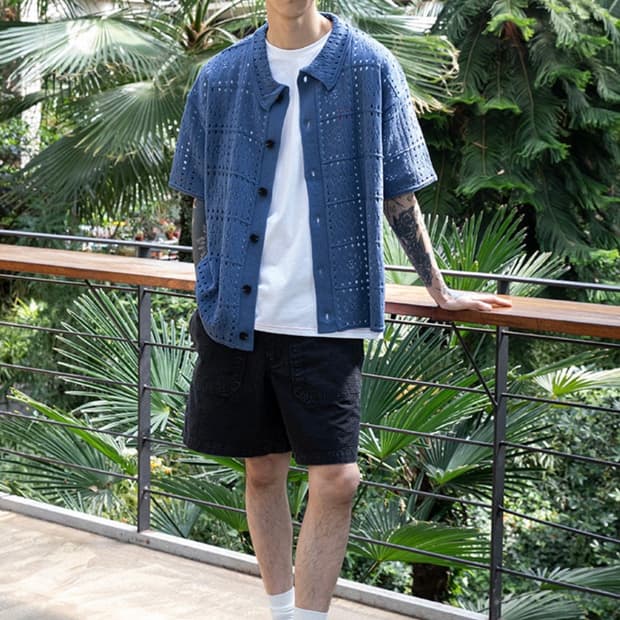 엑스톤즈 펀칭 반팔 니트 가디건 L (BLUE)