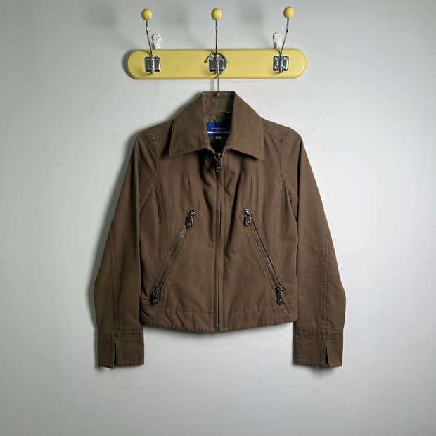 버버리 블루라벨 카키 코튼 바이커 자켓 38