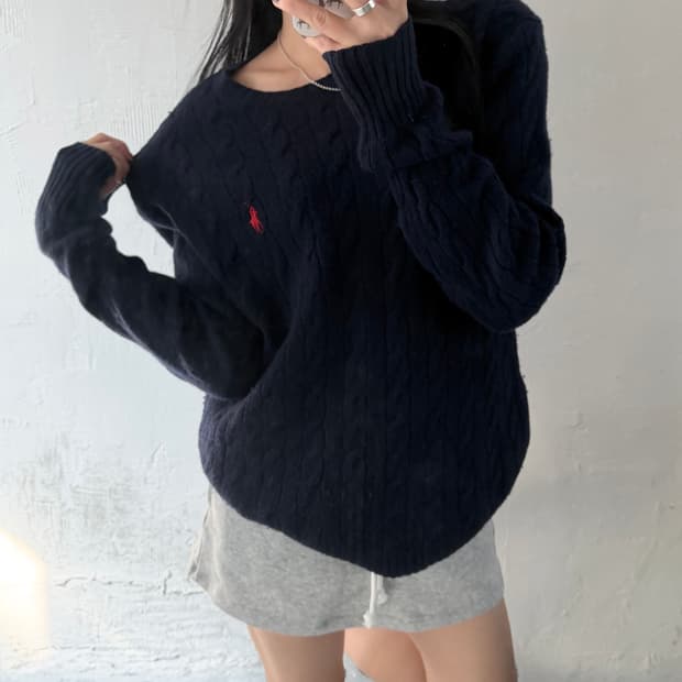 Polo 폴로 랄프로렌 QR신형 네이비컬러 캐시미어 케이블 니트