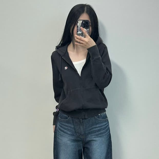 챔피온 자수로고 블랙 후드집업