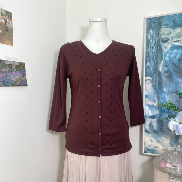 wine brown beads slim top&cardigan set