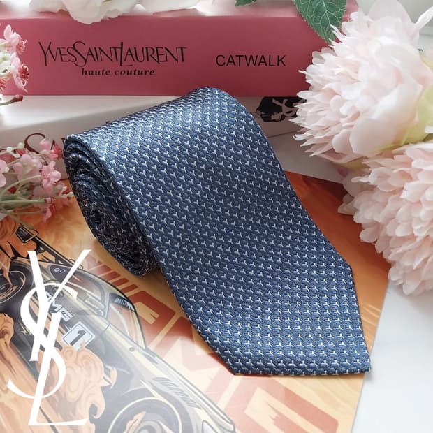 입생로랑 실크 블루 자카드 로고 넥타이 8.3cm S~A+등급 K1466