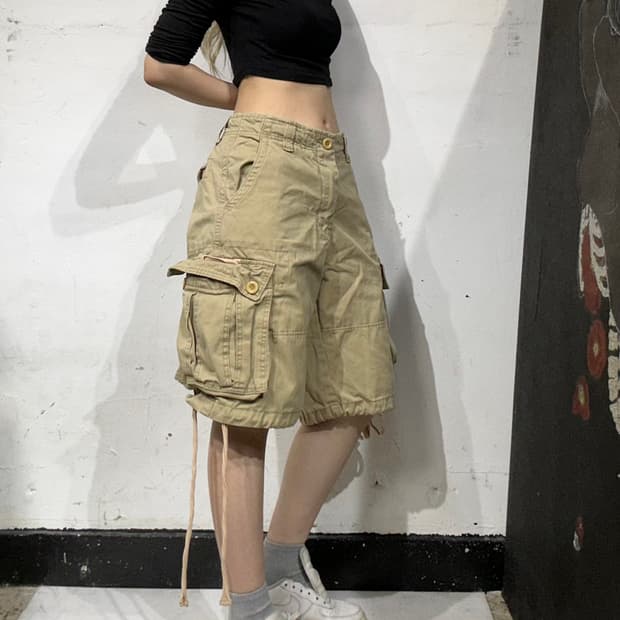 90s wutang 베이지 힙합 빅 포켓 하프 카고 팬츠 버뮤다 반바지