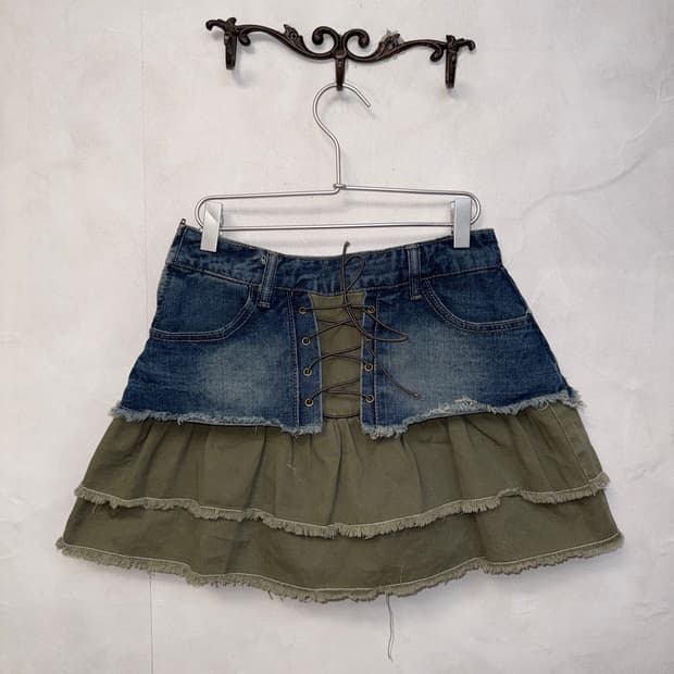 Washing denim laceup khaki cancan skirt