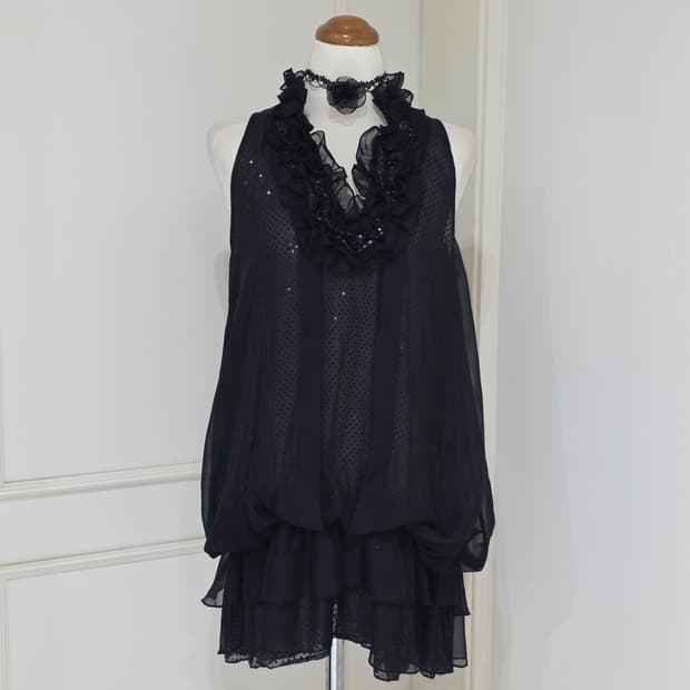 Crazy angel 일본빈티지)고딕시크벌룬 프릴 도트 쉬폰 캉캉 원피스