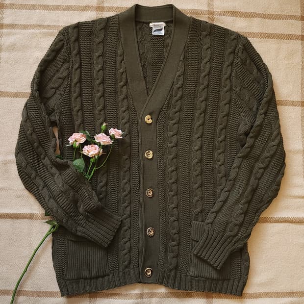 90s 프렌치 울 가디건 스웨터 케이블 버튼 가디건 그린 L
