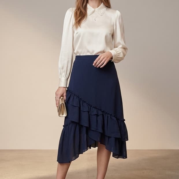 🌸가격인하 | 하객룩 언발 러플 미디 스커트 55 | 네이비