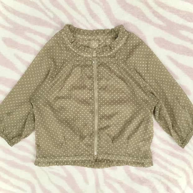 카키 도트 프릴 반투명 레이어드 집업 모리걸 가디건 갸루 땡땡이