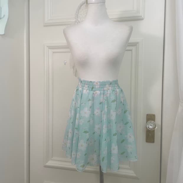 mint white flower banding midi skirt