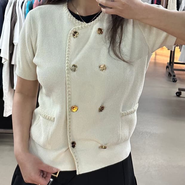 산드로(Sandro)골드 버튼 반팔 니트 가디건