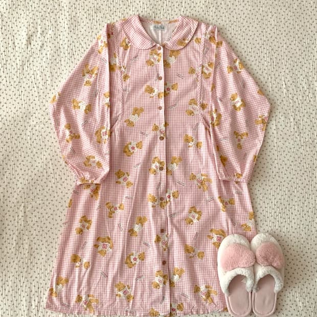 빈티지 핑크 체크 곰돌이 파자마