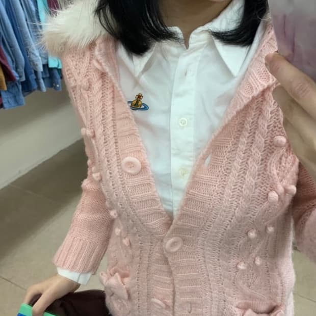 메조피아노 핑크 퍼 가디건 갸루 빈티지 일브