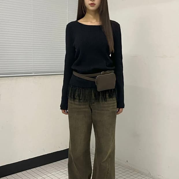 millo women 밀로우먼 부클 프린지 롱 슬리브 니트 블랙