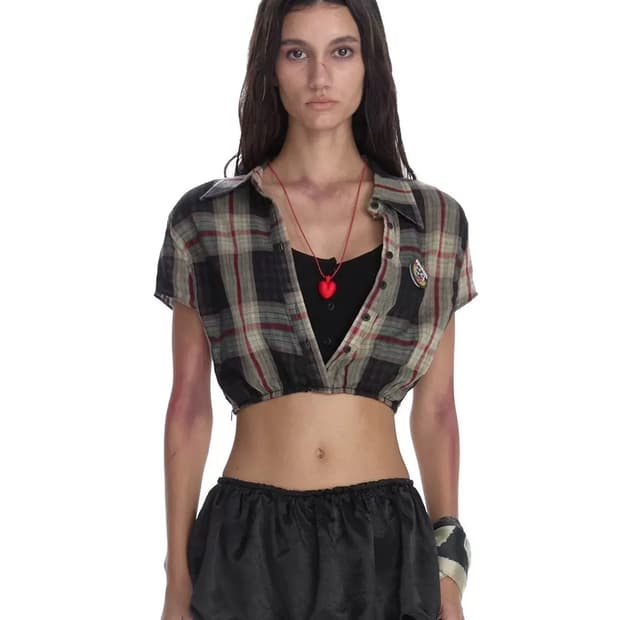 24ans 체크 크롭반팔셔츠 S