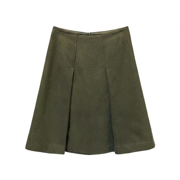 JPN VINTAGE 울 미디 스커트 핀턱 플레어 디테일 카키