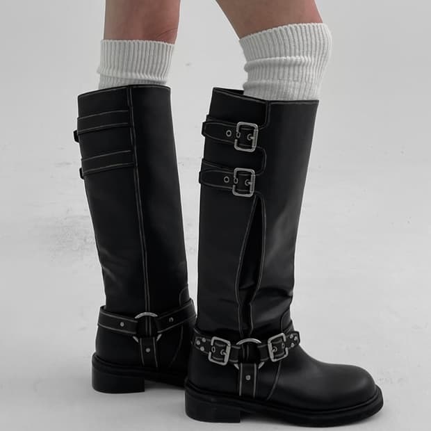 [230]블랙업 프콥 워싱 버클 레더 롱부츠