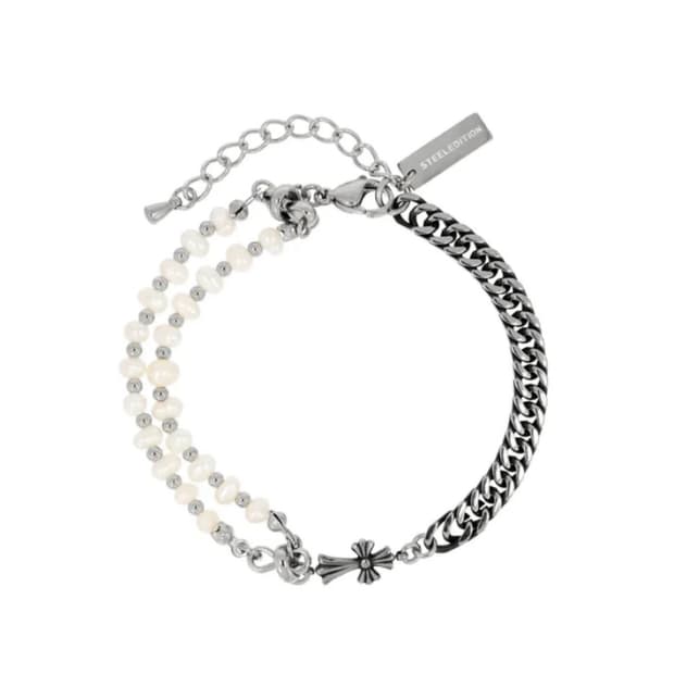 스틸에디션 더블진주 십자가 팔찌