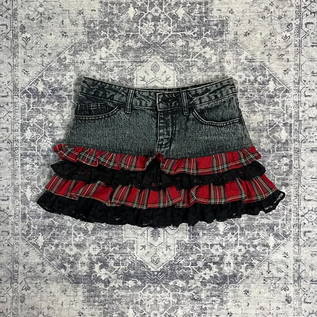 Punk Doll Tartan Lace Ruffle Denim Skirt