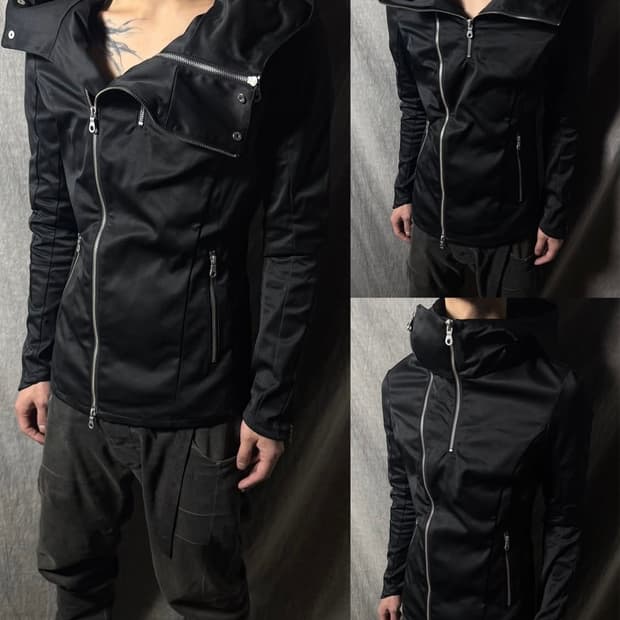 no id black asym  zip hooded jacket