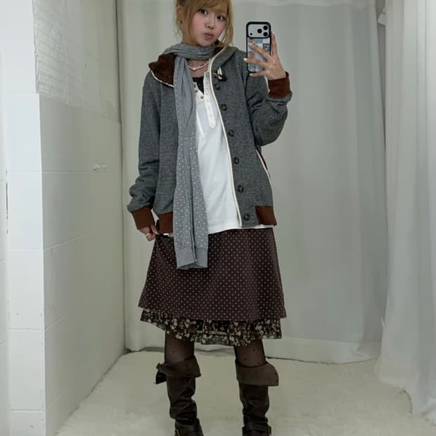 도트 브라운 그레이 데일리 모리걸 하구미 코디세트