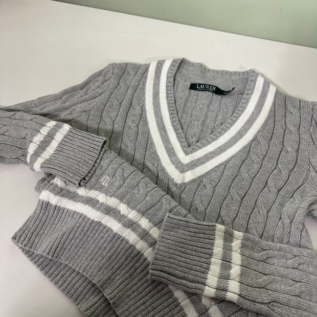 우먼S 폴로 로렌랄프로렌 그레이 브이넥 꽈배기면니트