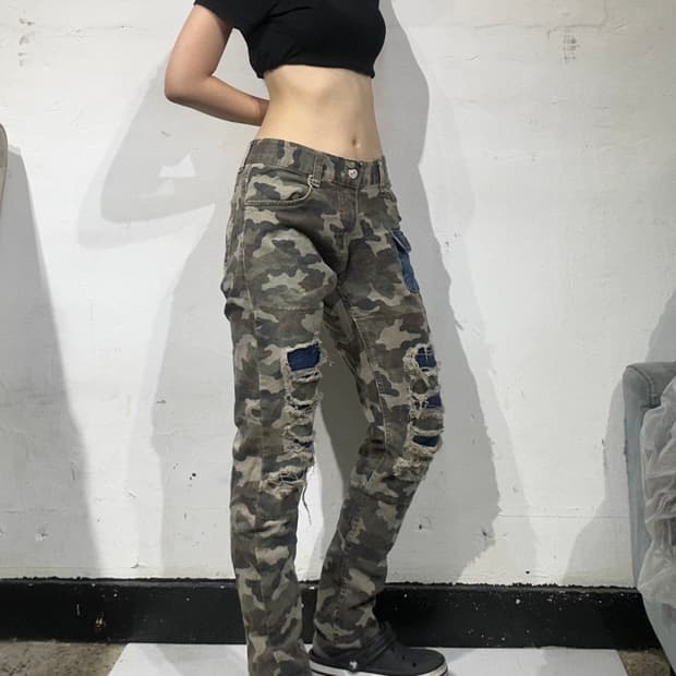 빈티지 카키 카모 밀리터리 카고 팬츠 