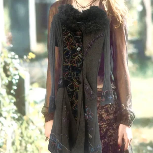 희귀/빈티지 Griffolie Paris 자수 퍼 트리밍 니트 코트 고스