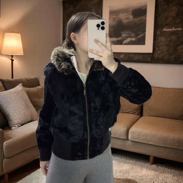 빈티지 다크 여우털후드 토끼털 벨벳 니트자켓 후드집업