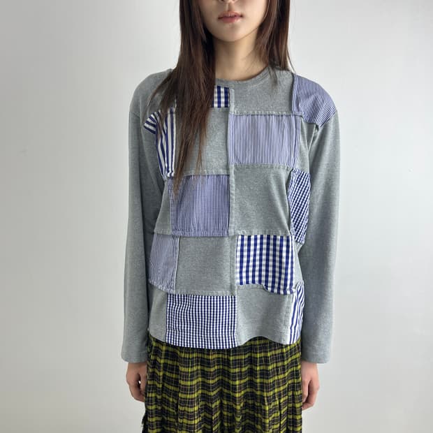 꼼데가르송 옴므 깅엄 체크 패치워크 롱슬리브