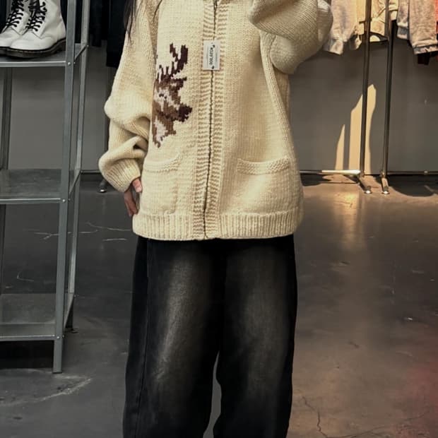 레티포스터 캐나다 헤비울 코위찬 니트집업 자켓  A3600