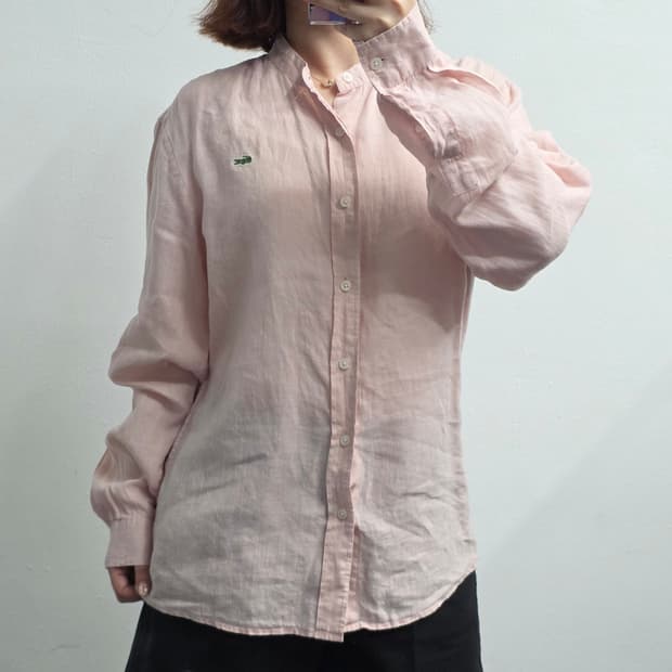[프립]38,S/라코스테 헨리넥 린넨 셔츠 핑크