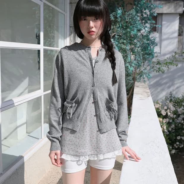 어글리쉐도우 니트 리본 가디건(그레이)