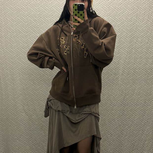 MOO 엠오오 키치 갸루 레오파드 호피 로고 오버핏 후드집업 K0293